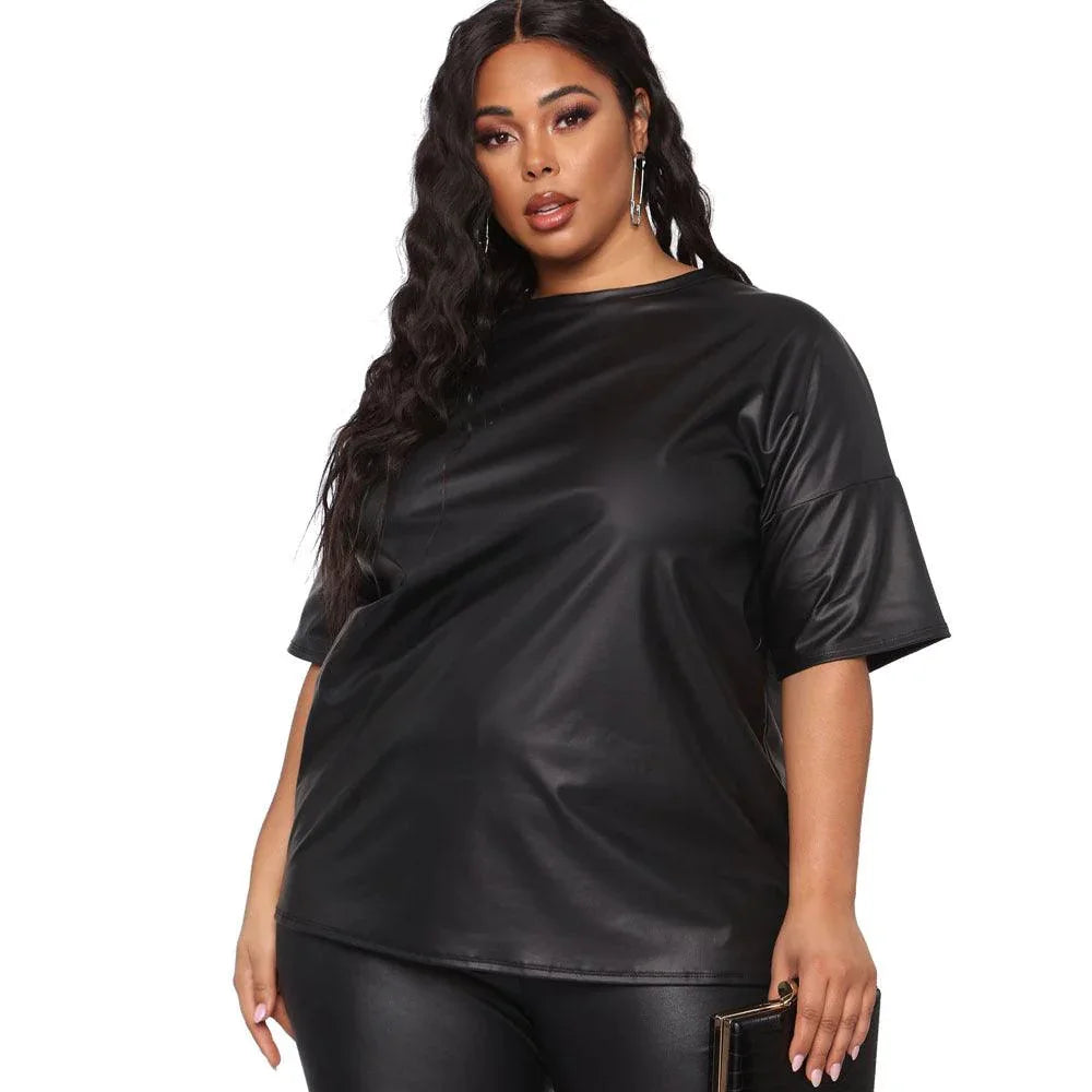 Gabriella Plus Size Solid Color Leather Low Sleeve Slim Trousers Set - Vestir en Moda