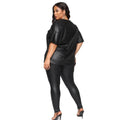 Gabriella Plus Size Solid Color Leather Low Sleeve Slim Trousers Set - Vestir en Moda