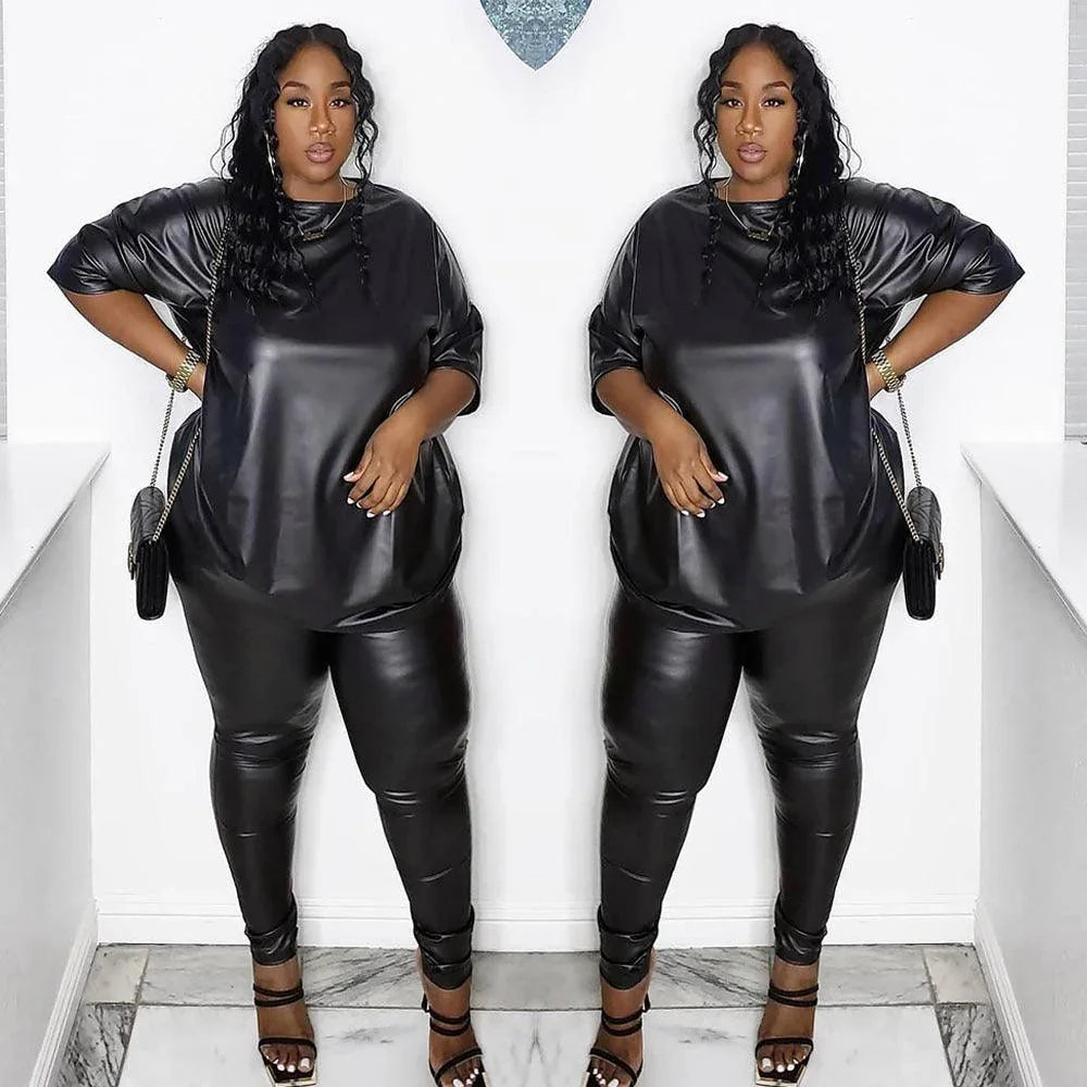 Gabriella Plus Size Solid Color Leather Low Sleeve Slim Trousers Set - Vestir en Moda