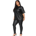 Gabriella Plus Size Solid Color Leather Low Sleeve Slim Trousers Set - Vestir en Moda