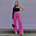Gaelny Solid Color High Waist Hip Pocket Side Slit Casual Trousers - Vestir en Moda