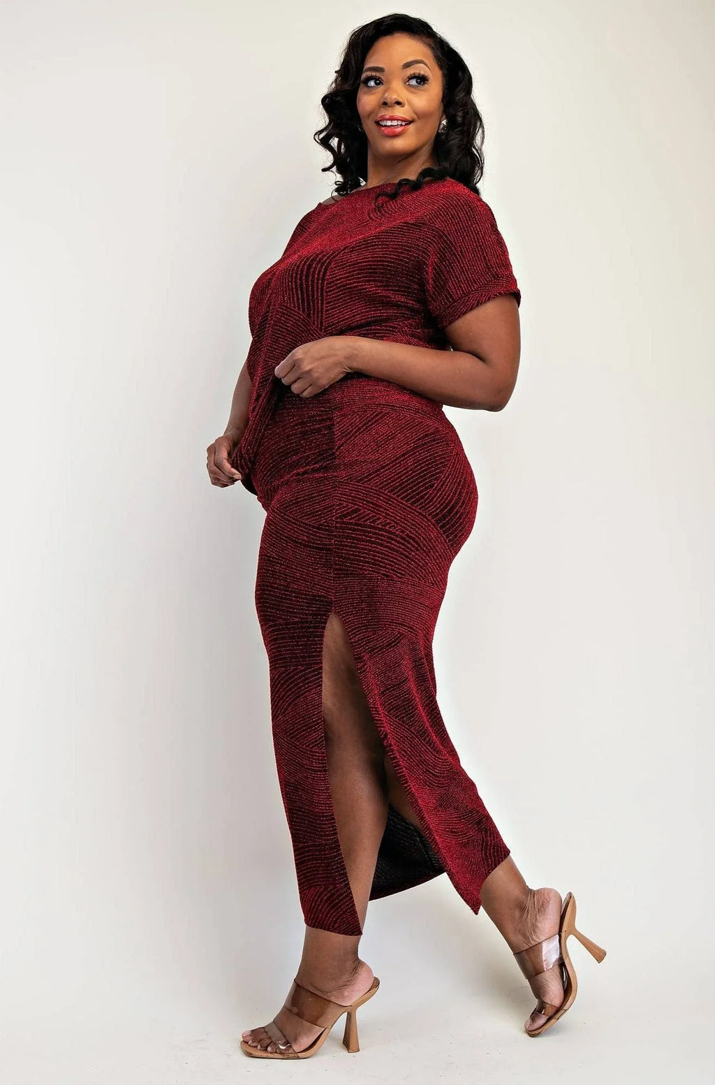 Gia Plus Size Lurex Knit Short Sleeve Elegant Matching Sets