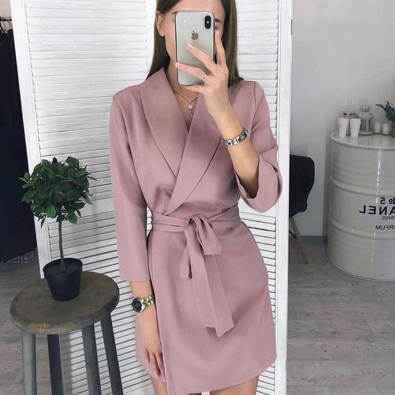 Gissel Summer Autumn Sleeve Solid Collar Suit Belt Elegant Dresses - Vestir en Moda