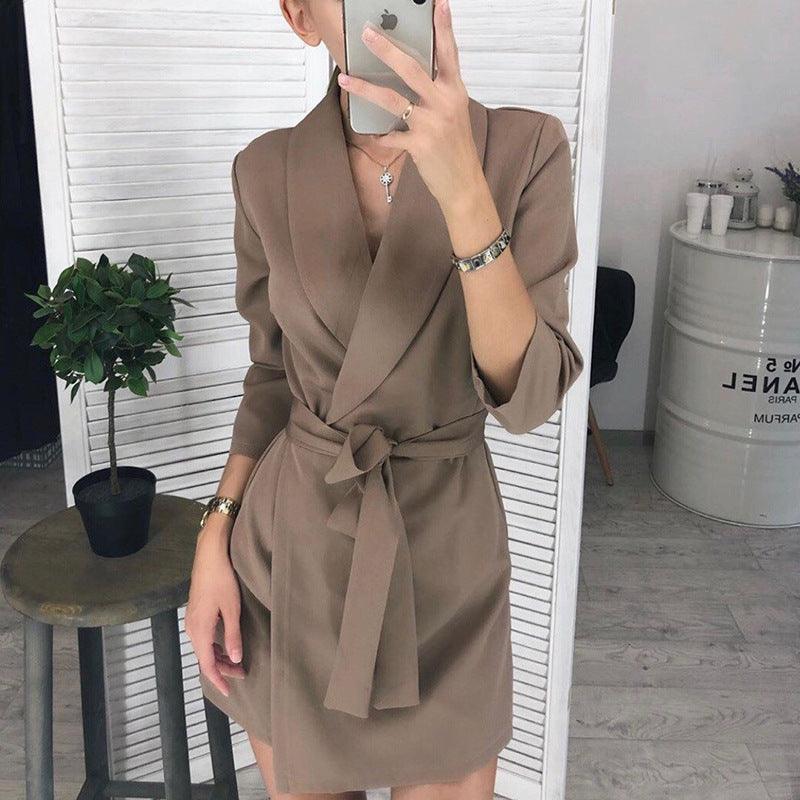 Gissel Summer Autumn Sleeve Solid Collar Suit Belt Elegant Dresses - Vestir en Moda
