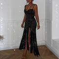 Giulia Dress Autumn Sequined Tassel Hem Chest Double-Layer V neck Brace - Vestir en Moda