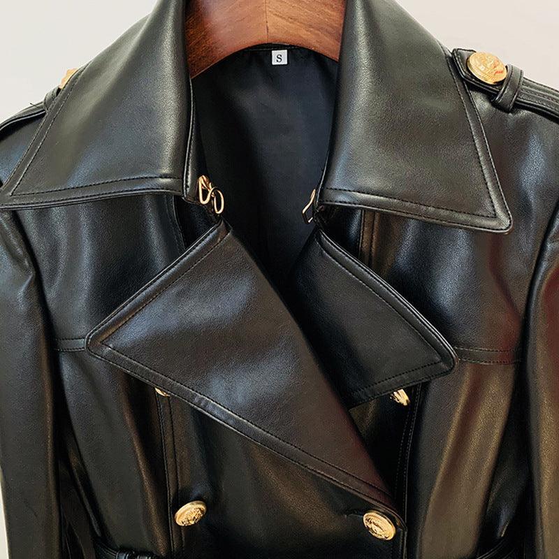 Goods Stars Double Breasted Belt Leather Long Trench Coat - Vestir en Moda