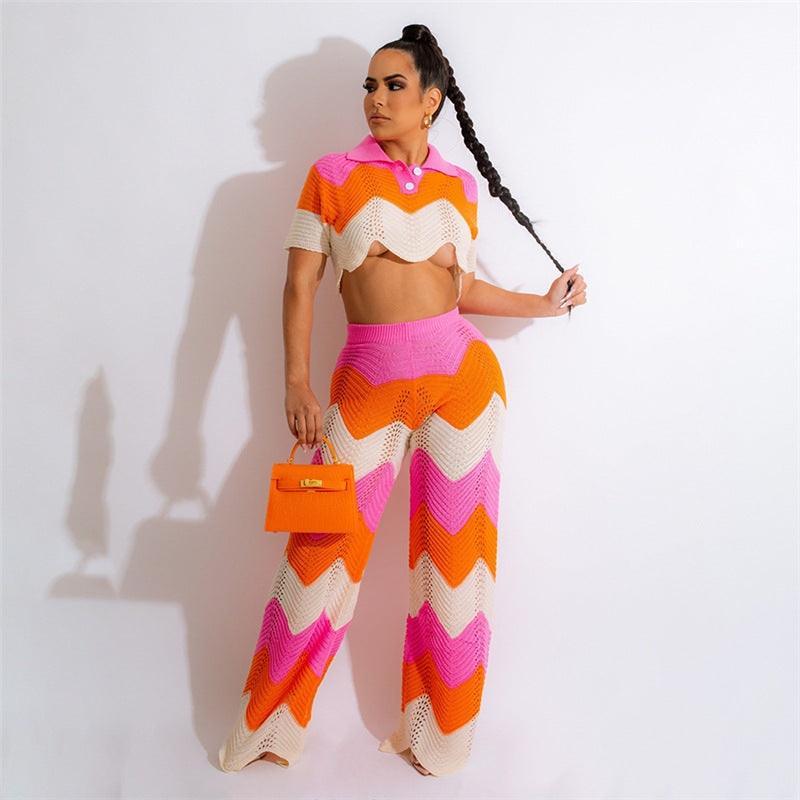 Grace Short Sleeved Wave Contrast Color Two Piece Sets - Vestir en Moda