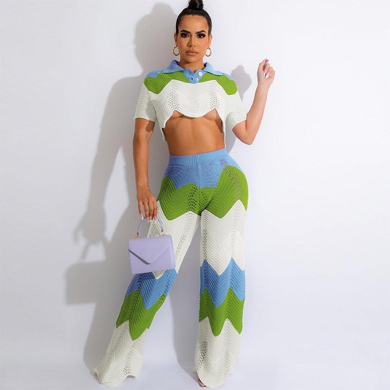 Grace Short Sleeved Wave Contrast Color Two Piece Sets - Vestir en Moda