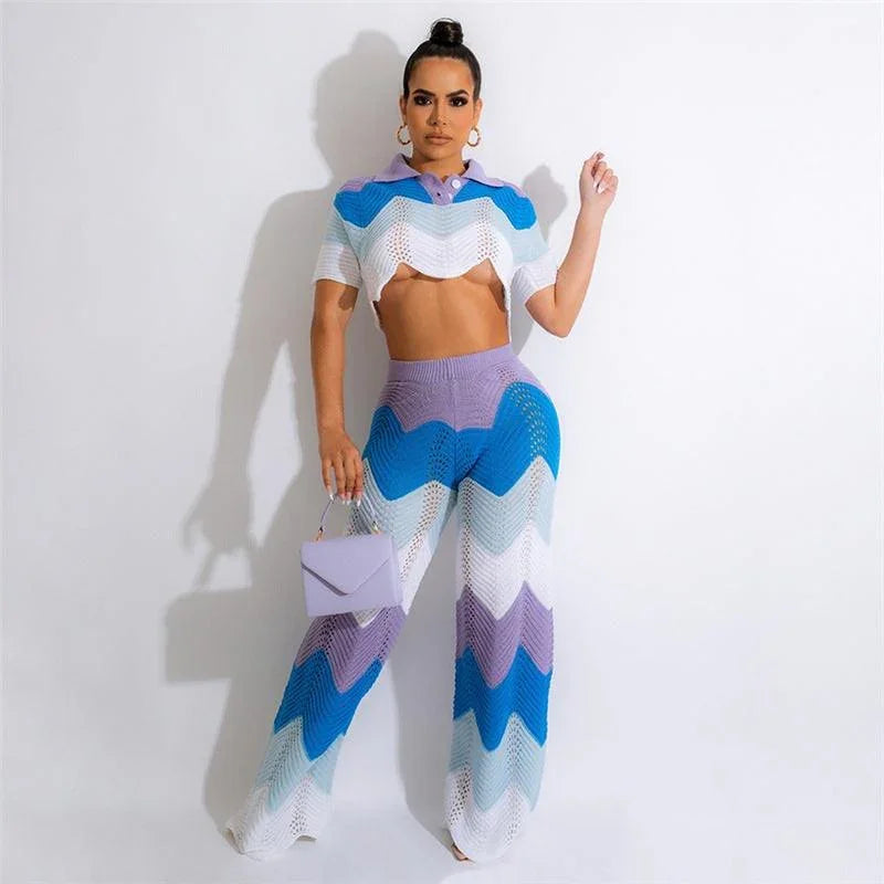 Grace Short Sleeved Wave Contrast Color Two Piece Sets - Vestir en Moda