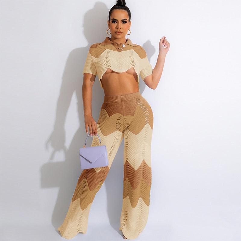 Grace Short Sleeved Wave Contrast Color Two Piece Sets - Vestir en Moda