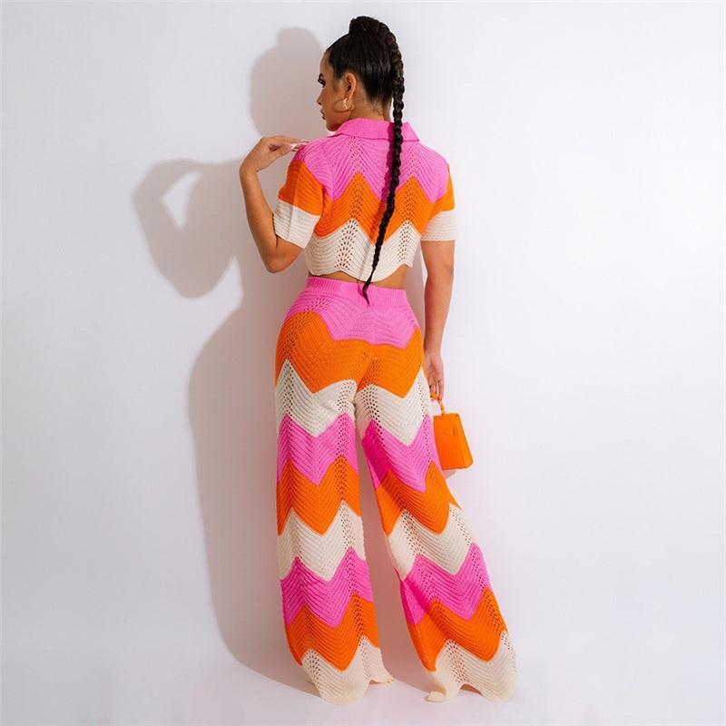 Grace Short Sleeved Wave Contrast Color Two Piece Sets - Vestir en Moda