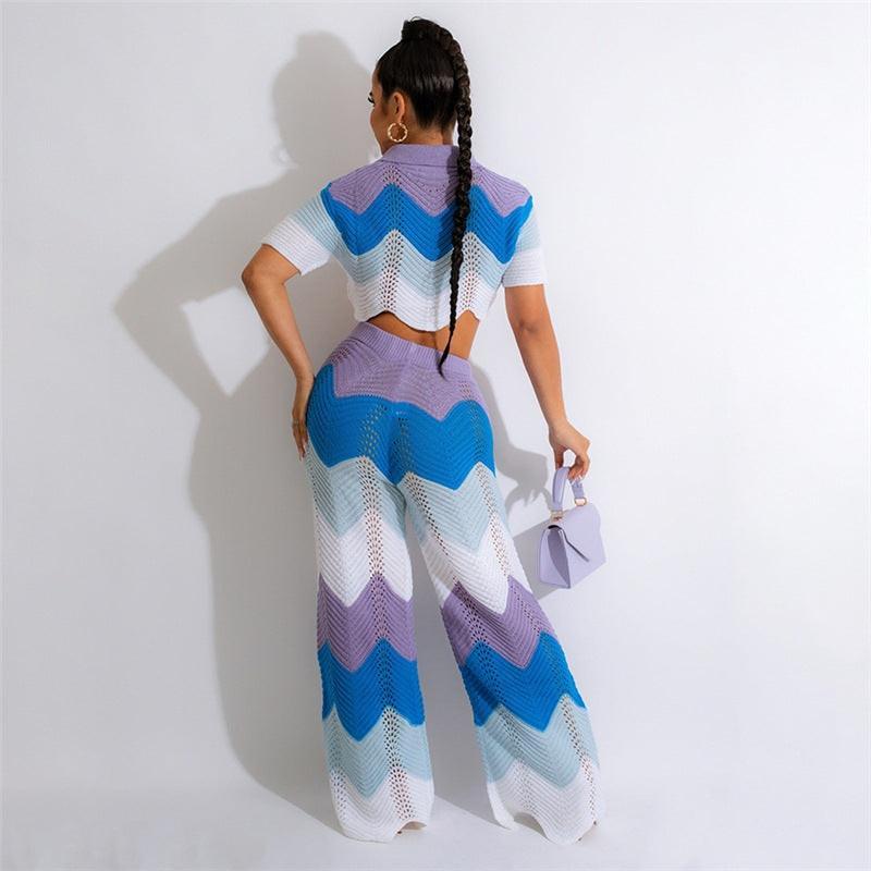 Grace Short Sleeved Wave Contrast Color Two Piece Sets - Vestir en Moda