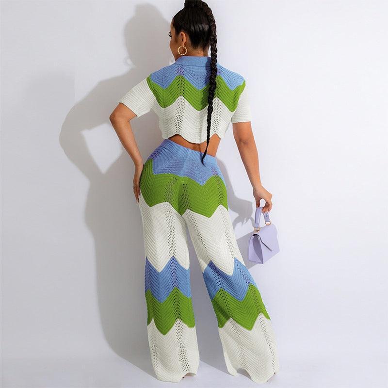 Grace Short Sleeved Wave Contrast Color Two Piece Sets - Vestir en Moda