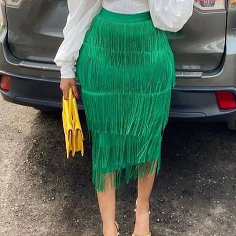 Gracelyn High Waist Stitching Tassels Slim-Fit Hip Skirt - Vestir en Moda