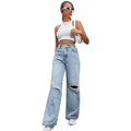 Harmony Holes High Waist Wide Leg Pants Casual Denim Trousers Tide - Vestir en Moda
