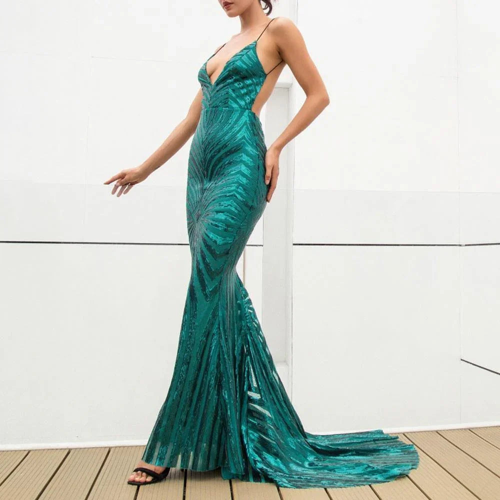 heidy Bare Back Sling Green Plunge Neck Sequ Dresses - Vestir en Moda