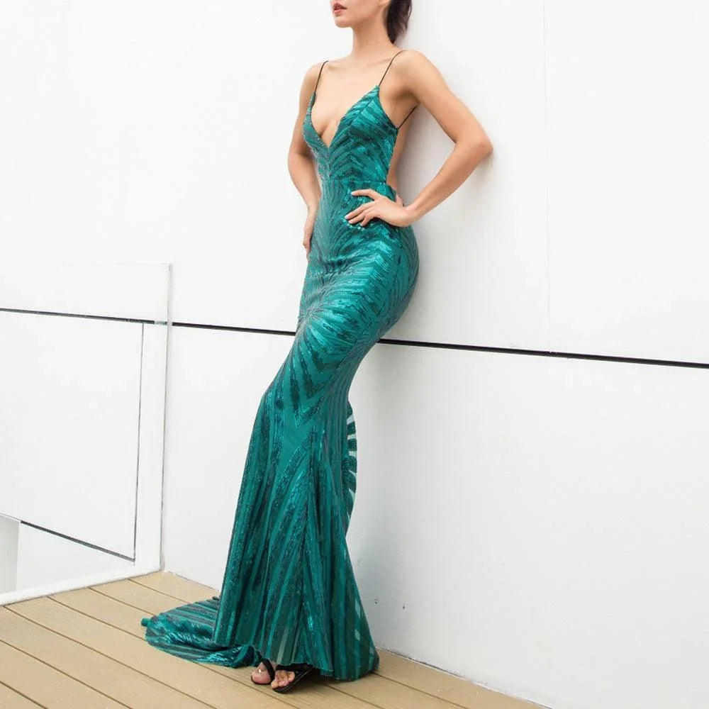heidy Bare Back Sling Green Plunge Neck Sequ Dresses - Vestir en Moda