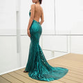 heidy Bare Back Sling Green Plunge Neck Sequ Dresses - Vestir en Moda