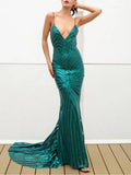 heidy Bare Back Sling Green Plunge Neck Sequ Dresses - Vestir en Moda