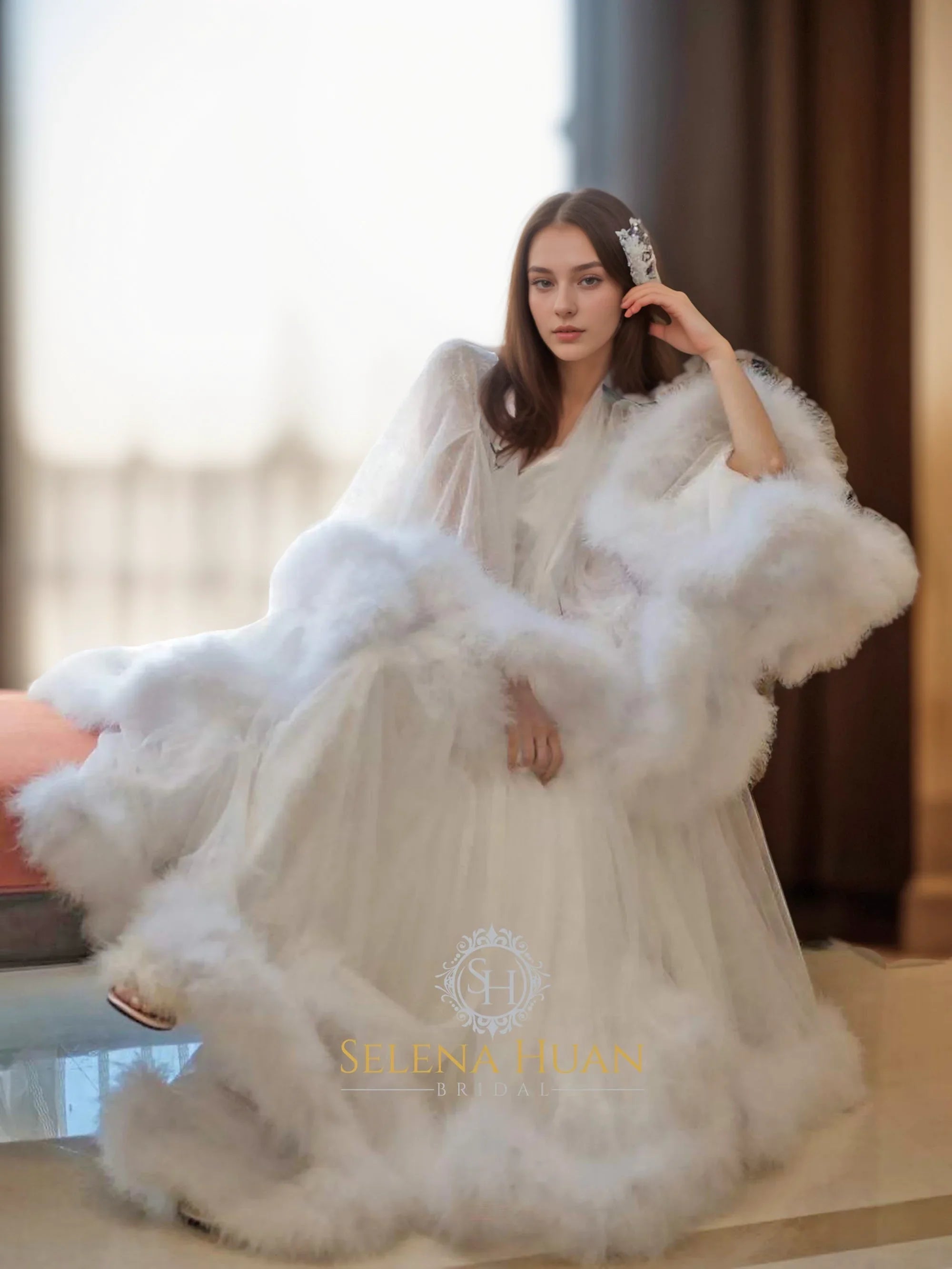 Luxury Thick Turkey Feather Fringe Long Bridal Robe with Night Gown