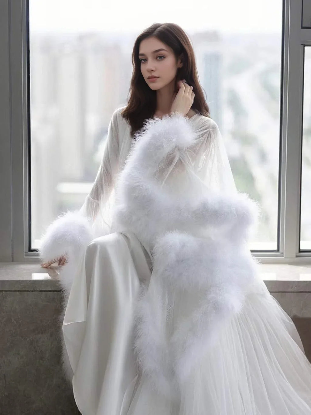 Luxury Thick Turkey Feather Fringe Long Bridal Robe with Night Gown