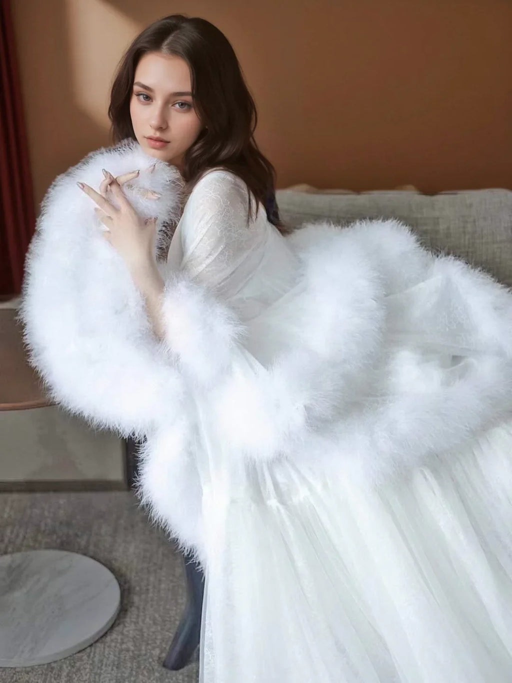Luxury Thick Turkey Feather Fringe Long Bridal Robe with Night Gown