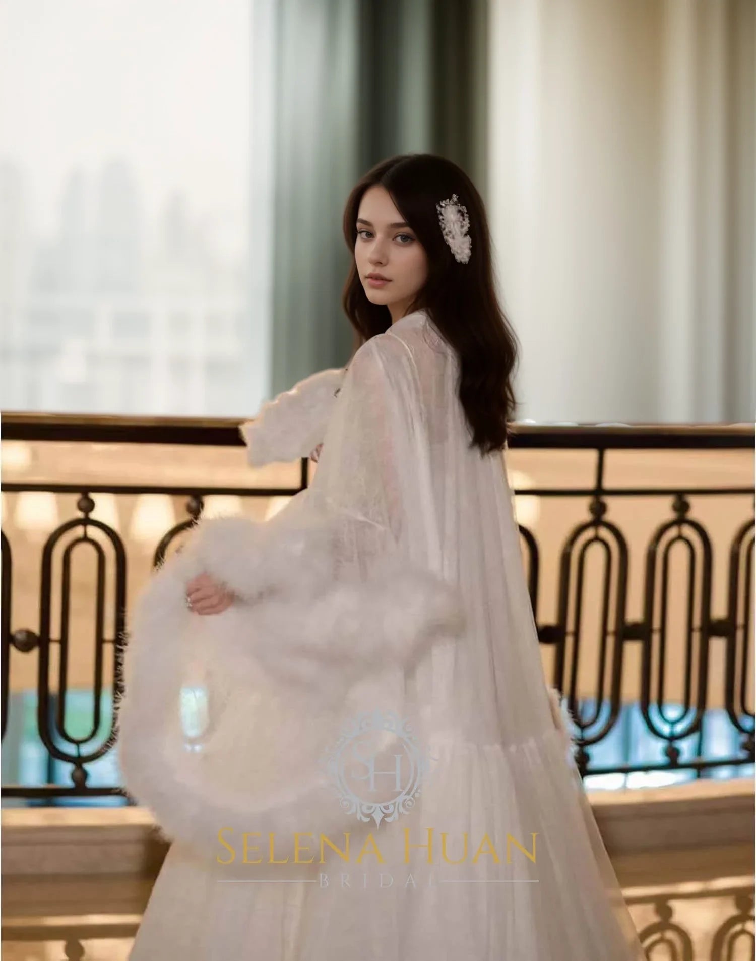 Luxury Thick Turkey Feather Fringe Long Bridal Robe with Night Gown