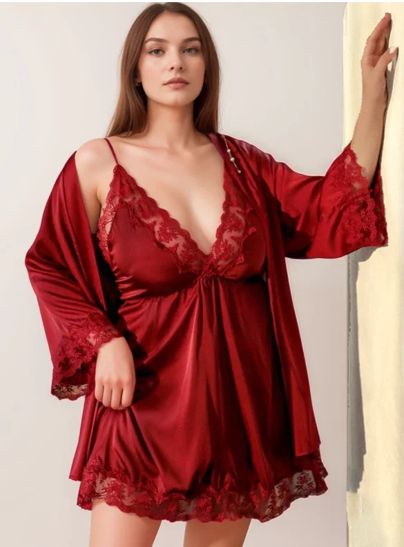 Seductive Blue & Black Lace Silky Lingerie Robe