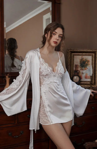 Victorian Style Lace Silky Lingerie - Elegant Night Robe
