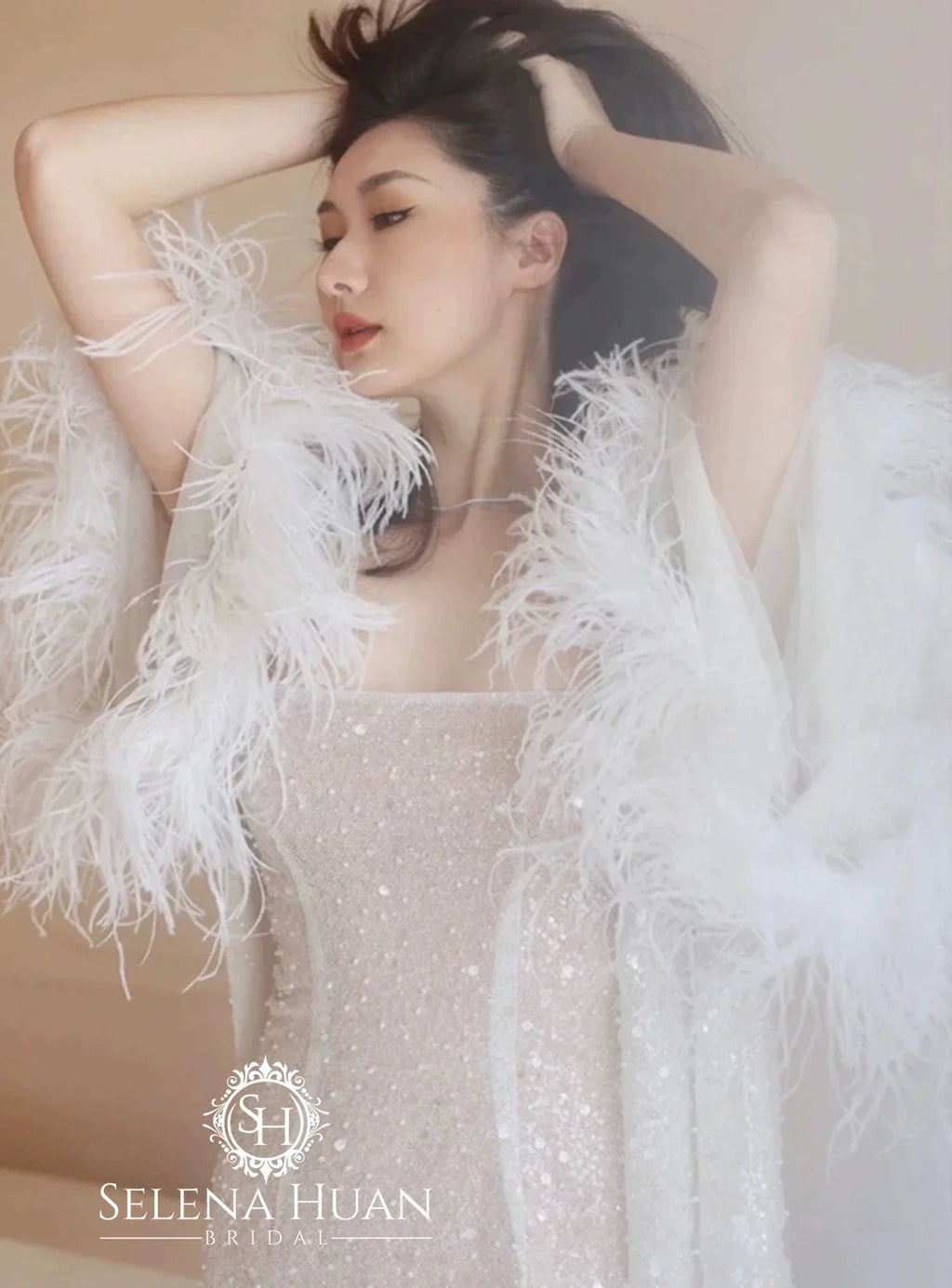 Ostrich Feather sequin mesh long robe with nightgown pink ivory