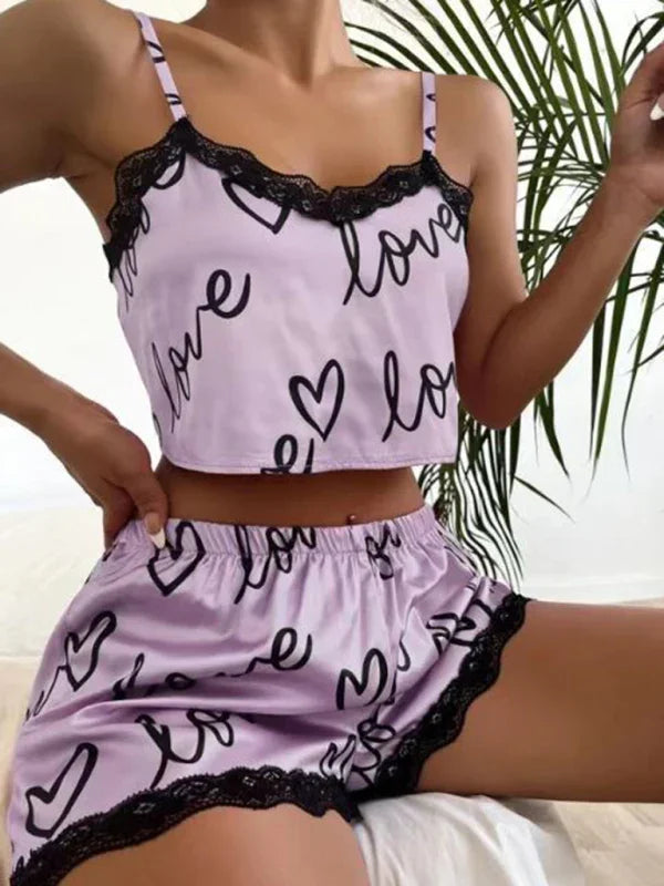 Rocky Point Cute Love Print Pajamas Homewear Fashion Lace Stitching Pajamas