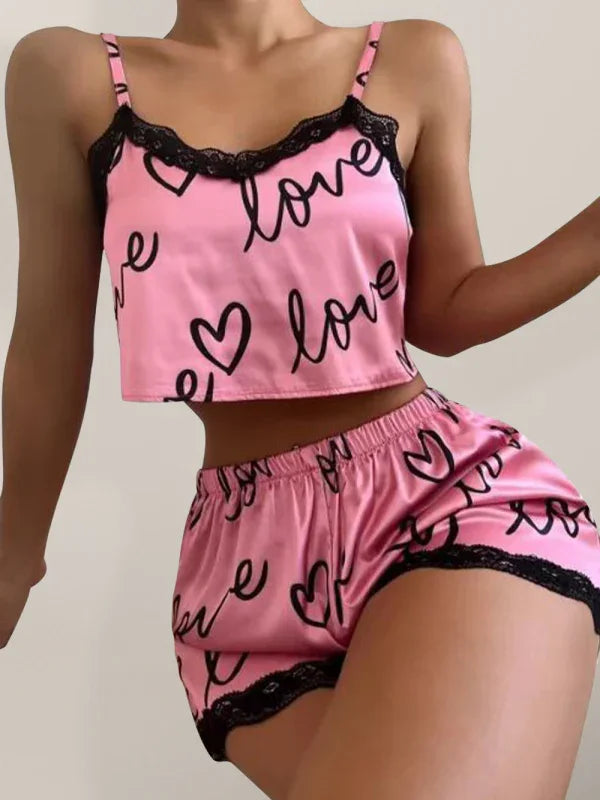 Rocky Point Cute Love Print Pajamas Homewear Fashion Lace Stitching Pajamas