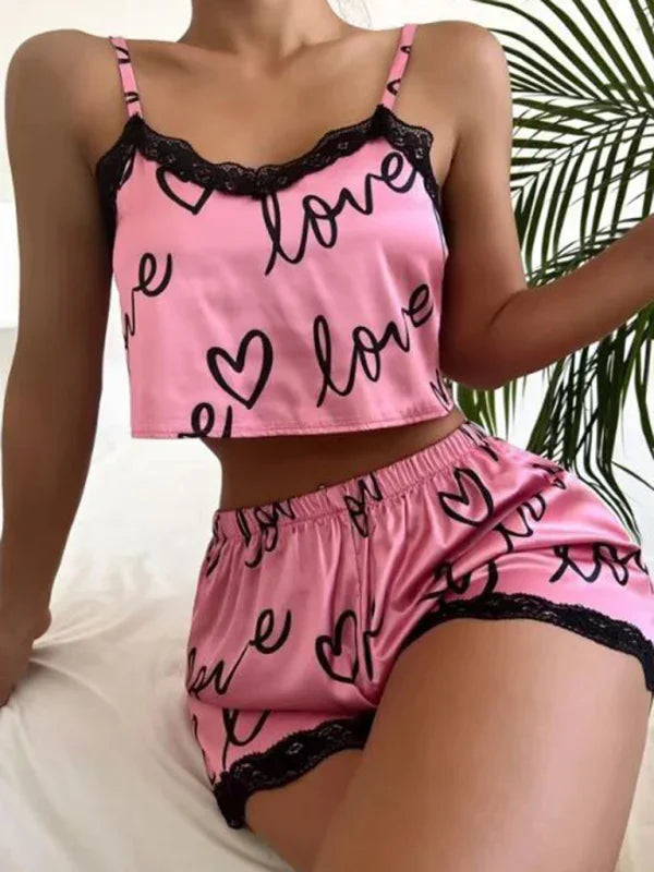 Rocky Point Cute Love Print Pajamas Homewear Fashion Lace Stitching Pajamas