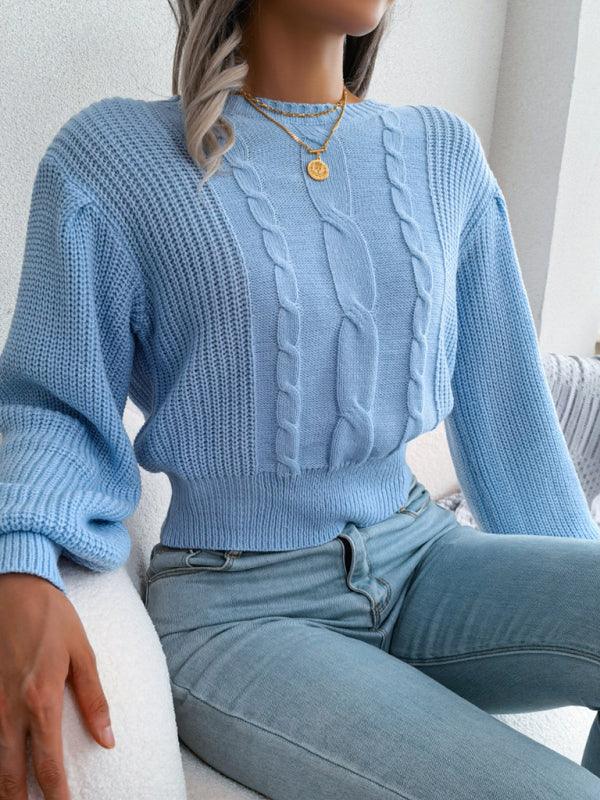 Long Island leisure fried dough twist Lantern Sleeve waist knit sweater