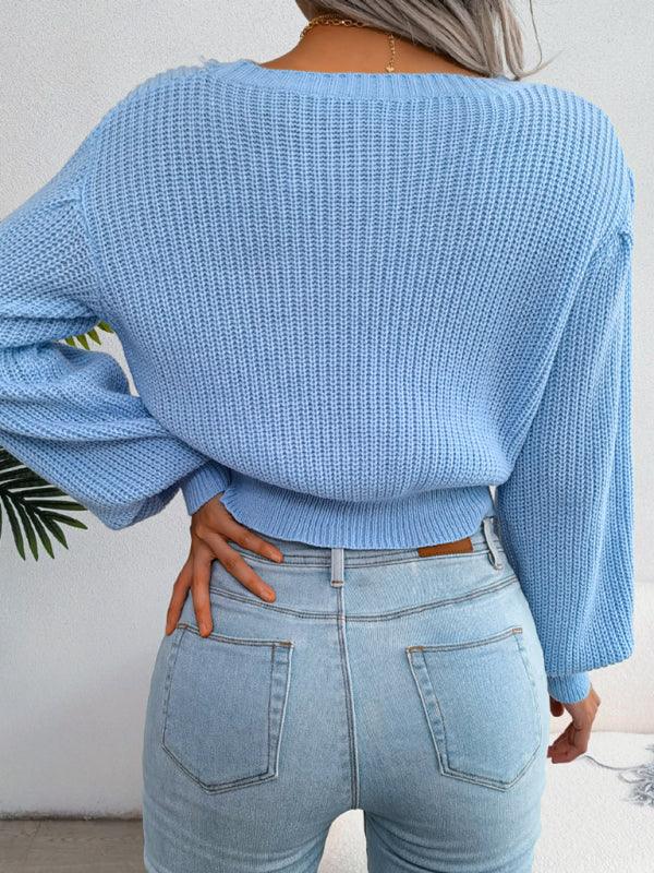 Long Island leisure fried dough twist Lantern Sleeve waist knit sweater