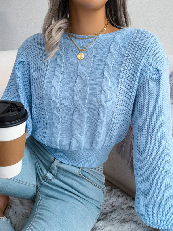 Long Island leisure fried dough twist Lantern Sleeve waist knit sweater