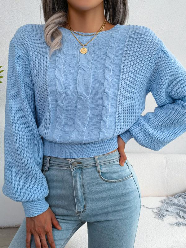 Long Island leisure fried dough twist Lantern Sleeve waist knit sweater
