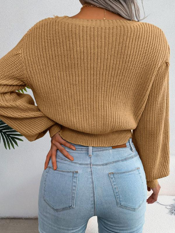 Long Island leisure fried dough twist Lantern Sleeve waist knit sweater