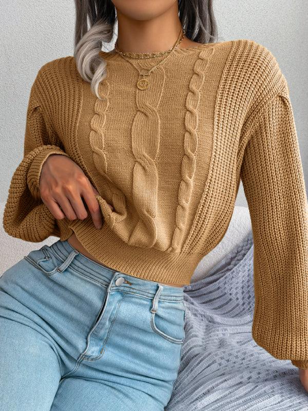 Long Island leisure fried dough twist Lantern Sleeve waist knit sweater