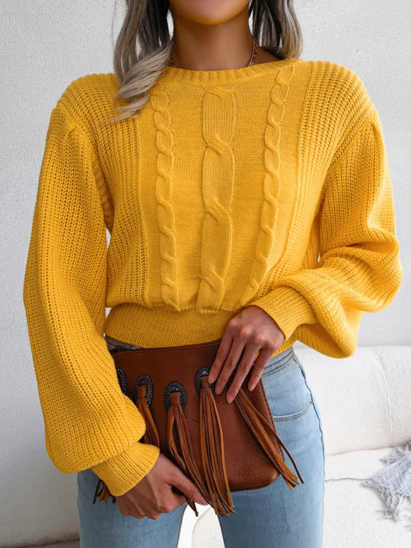 Long Island leisure fried dough twist Lantern Sleeve waist knit sweater
