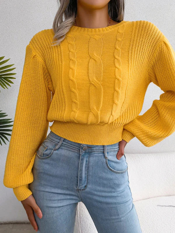 Long Island leisure fried dough twist Lantern Sleeve waist knit sweater