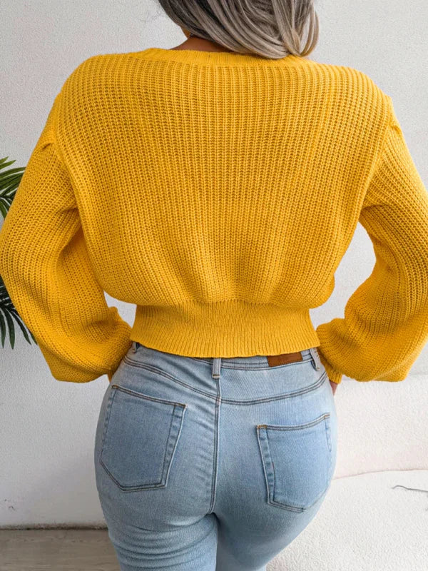 Long Island leisure fried dough twist Lantern Sleeve waist knit sweater