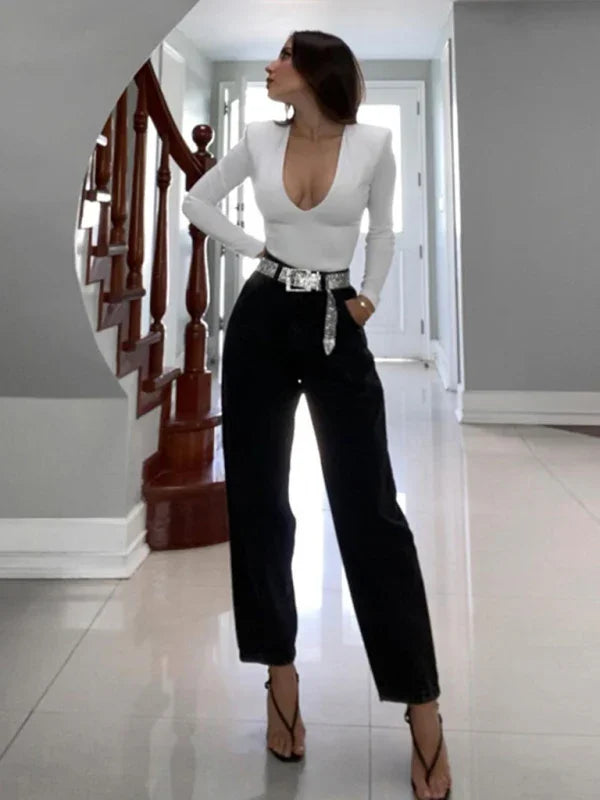 Martha Sexy Deep V Long Sleeve One Piece