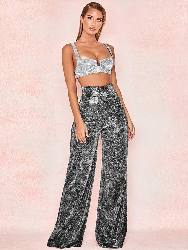 Hermina Hot Silver Wide Leg Pants High Waist Straight Ladies Casual Pants