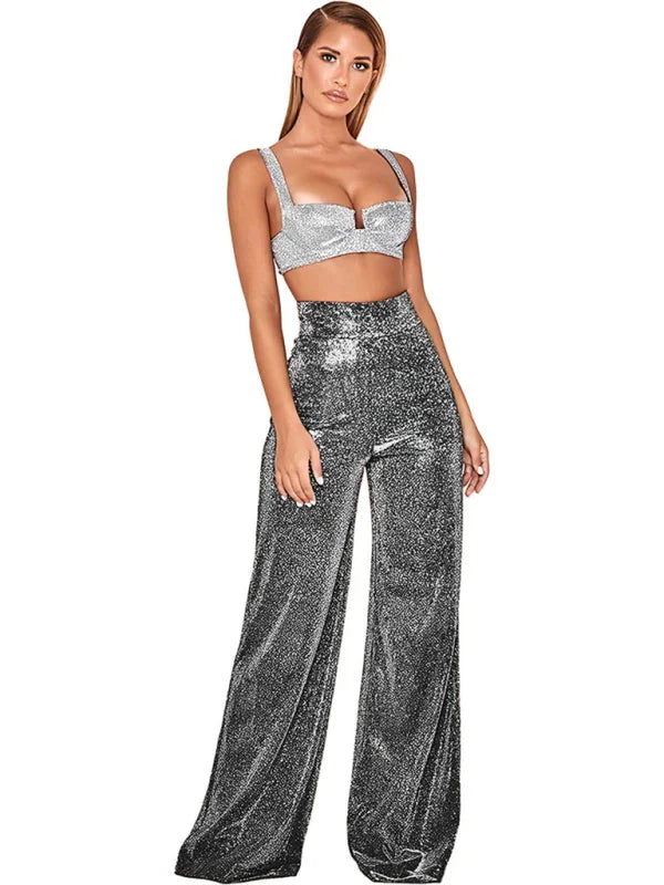 Hermina Hot Silver Wide Leg Pants High Waist Straight Ladies Casual Pants
