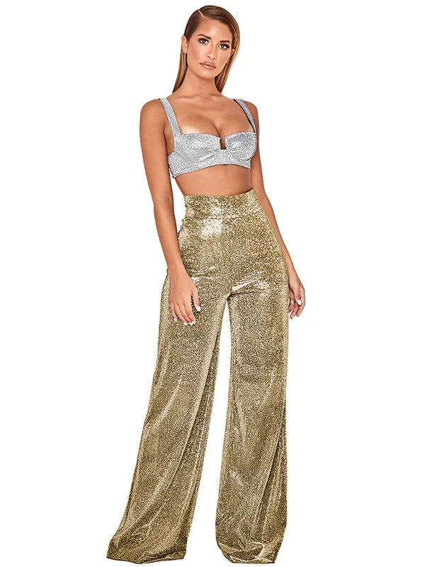 Hermina Hot Silver Wide Leg Pants High Waist Straight Ladies Casual Pants