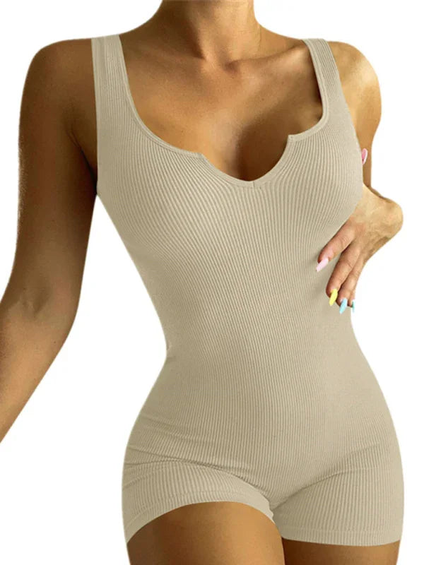 Hershi Solid Color Casual Knit Rib V-Neck Tank Top Slim Fit Jumpsuit