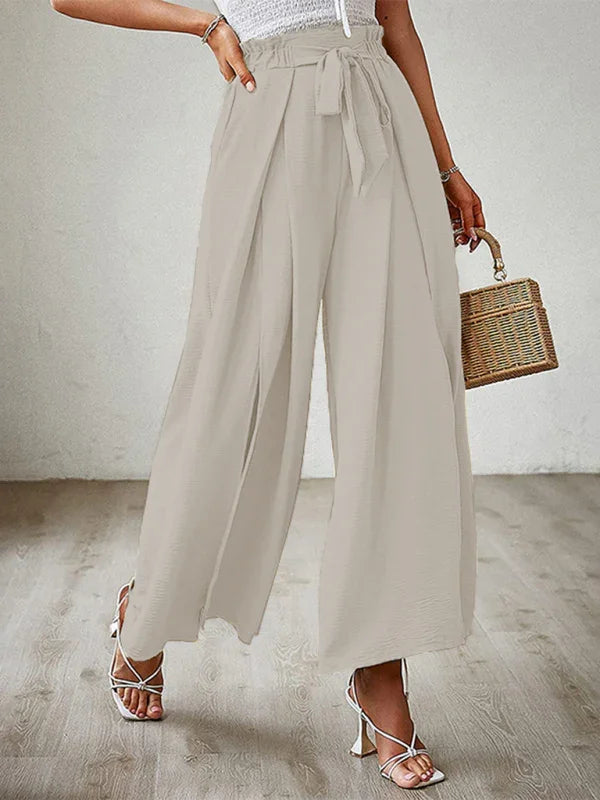 Bilis bow loose high waist pleated wide leg pants with belt pants