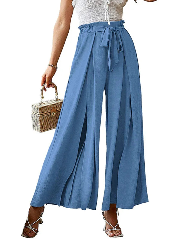 Bilis bow loose high waist pleated wide leg pants with belt pants