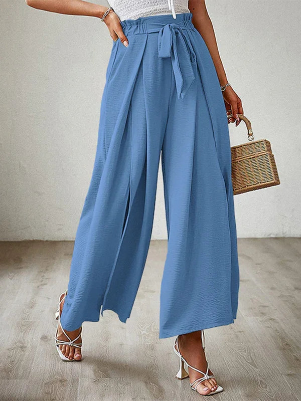 Bilis bow loose high waist pleated wide leg pants with belt pants